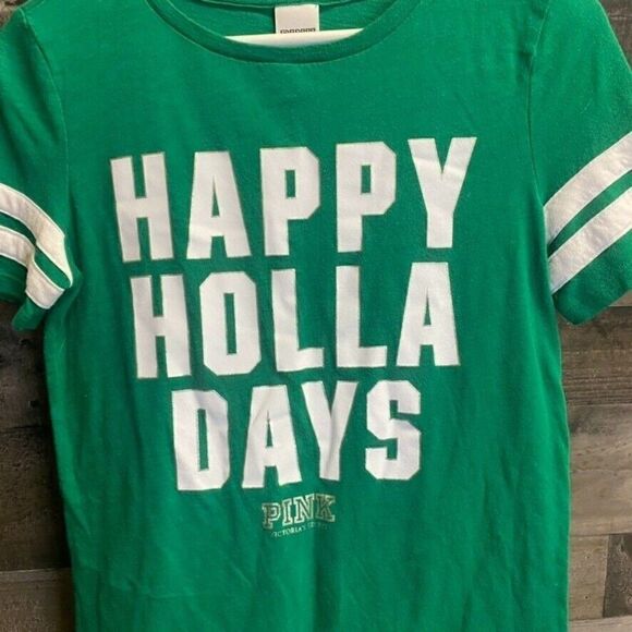 Victorias Secret PINK sz XS ~HAPPY HOLLA DAYS~ Tee-shirt Green/white - Picture 4 of 5